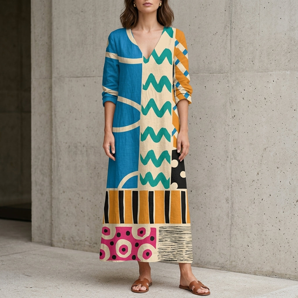 Abstract Patchwork Midi Dress with Artistic Statement Print