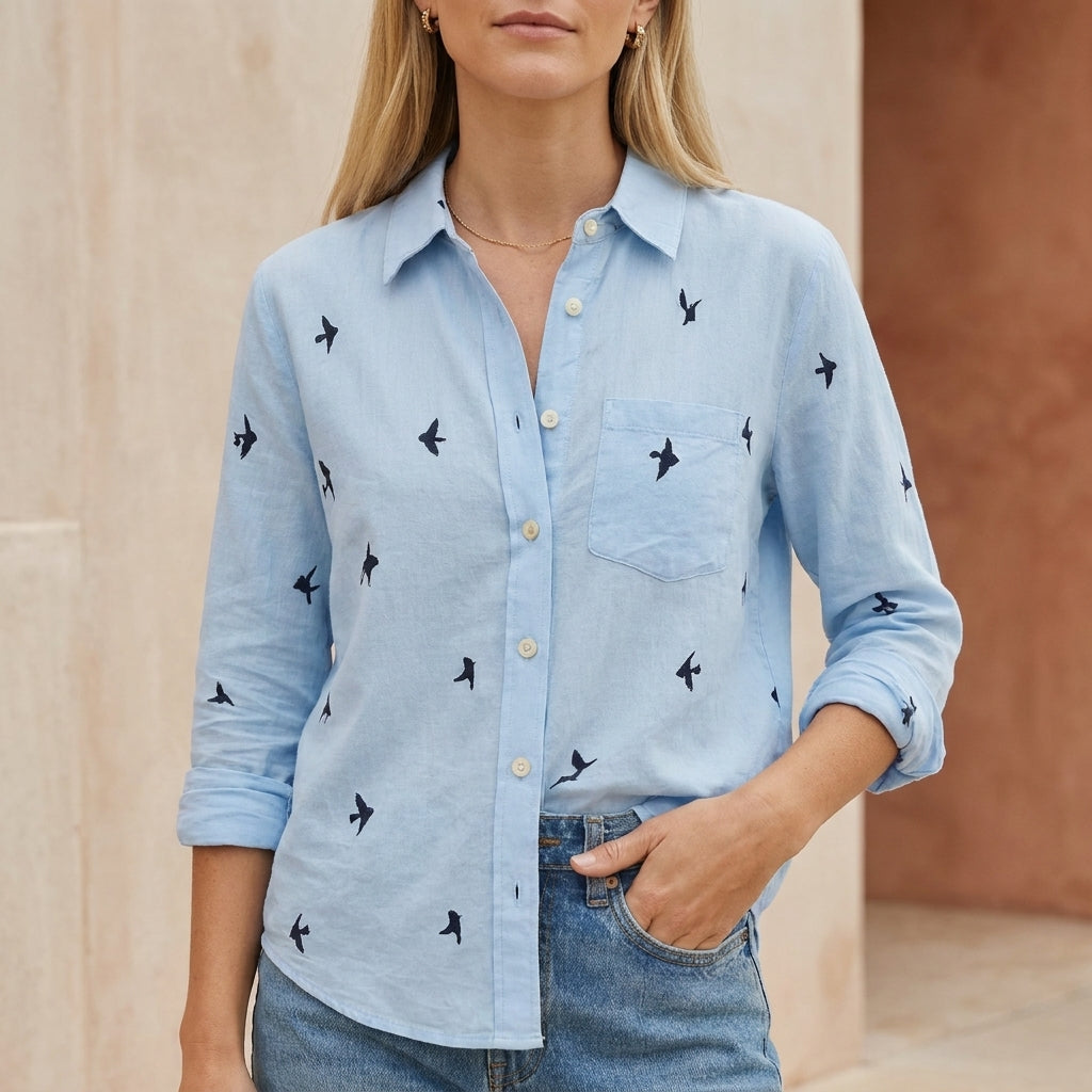 Relaxed Collared Button-Down Blouse with Whimsical Print and Soft Woven Texture