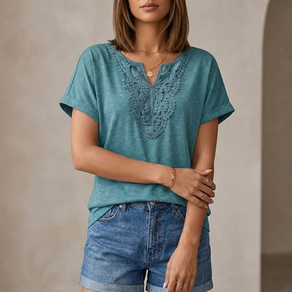 Relaxed V-Neck Lace-Embroidered Short Sleeve Knit Top