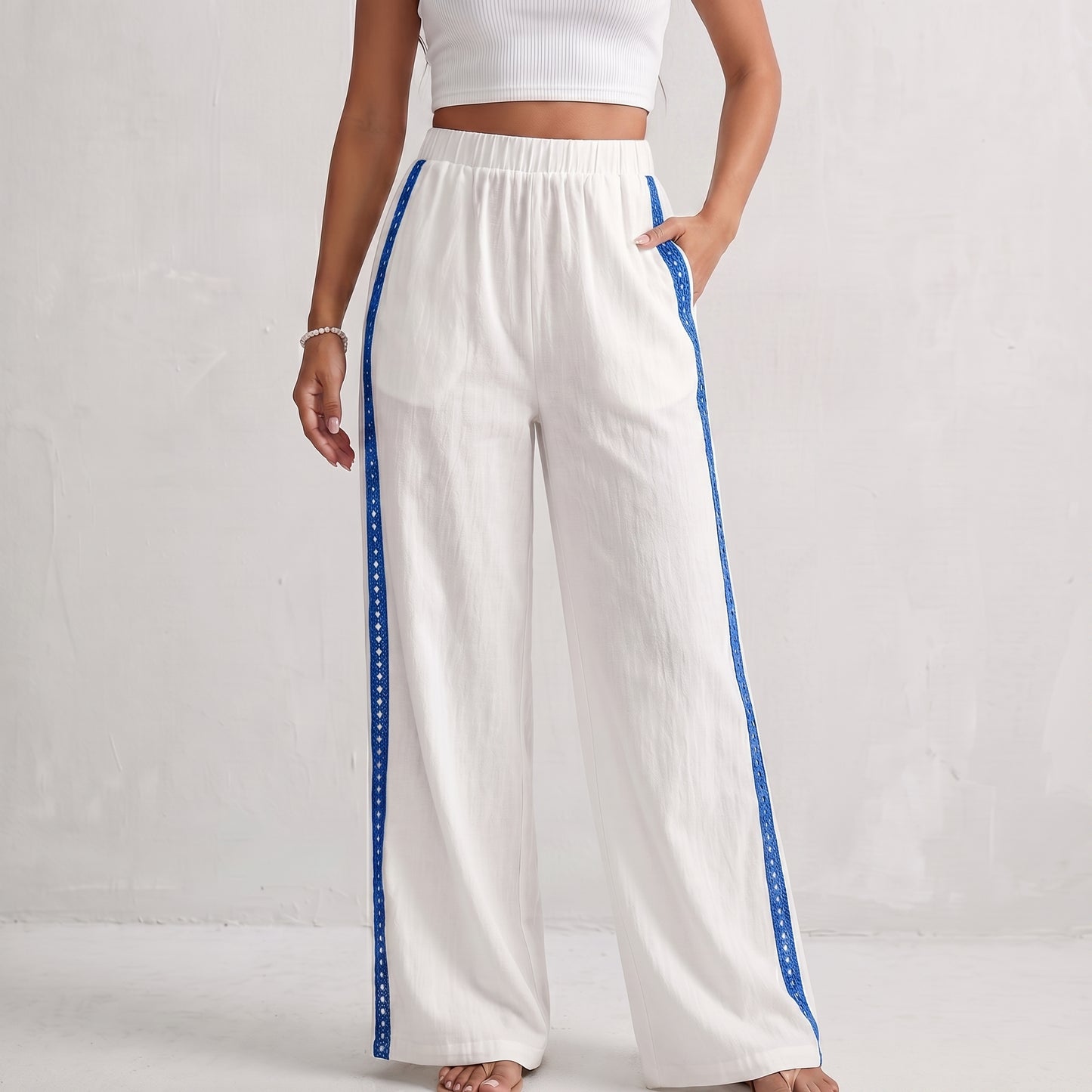 Airy Wide-Leg Trousers with Contrast Eyelet Side Trim