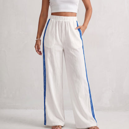 Airy Wide-Leg Trousers with Contrast Eyelet Side Trim