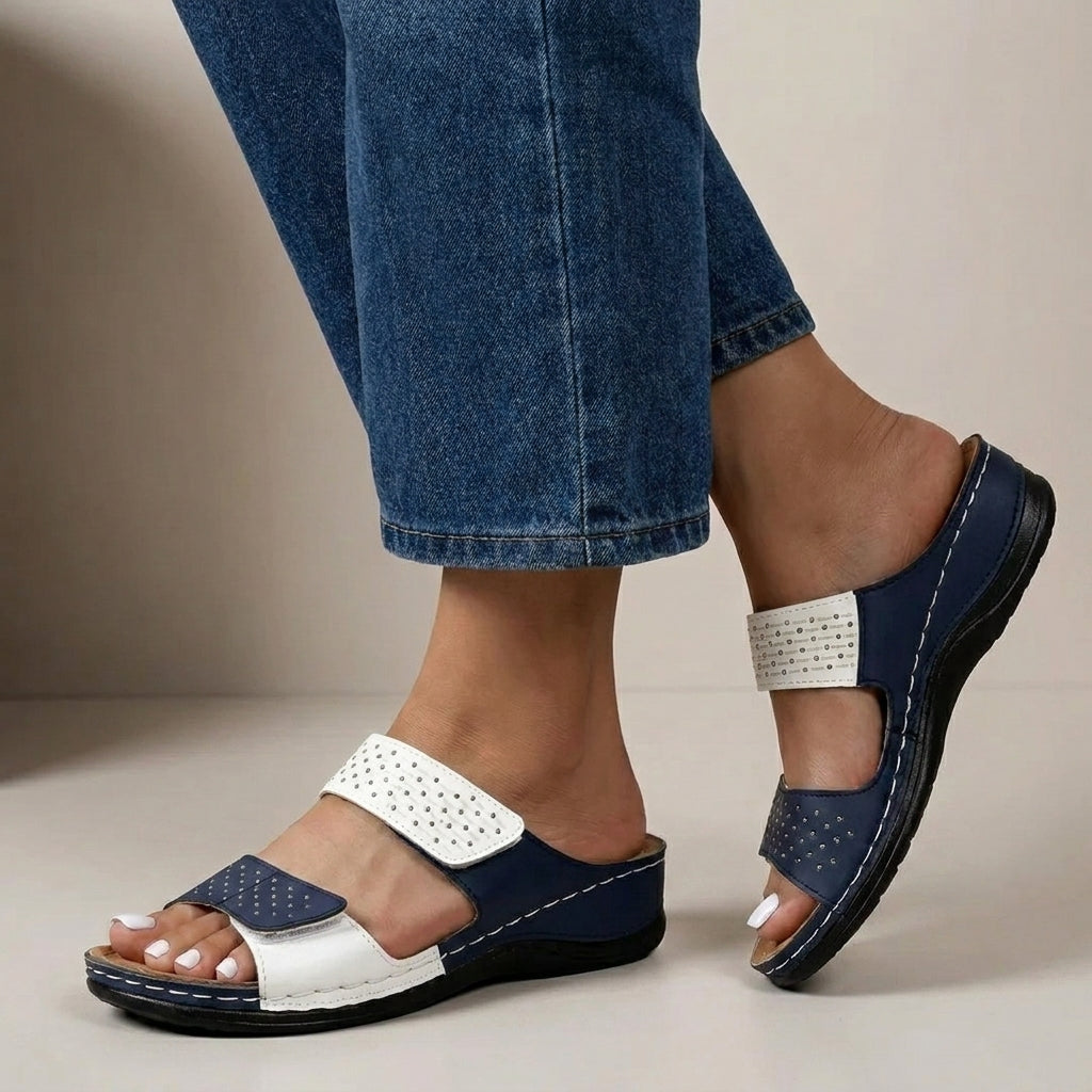 Structured Dual-Strap Wedge Sandals with Laser-Cut Geometric Detail for Relaxed Comfort