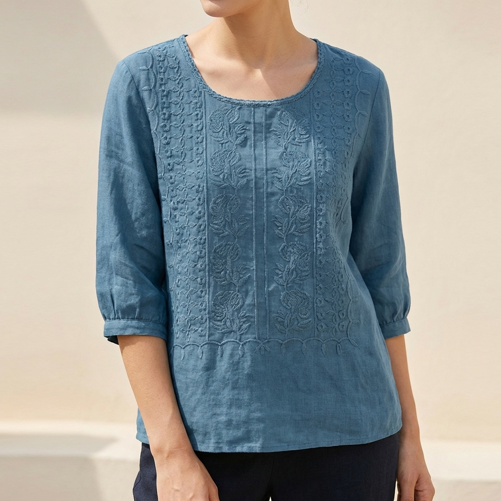 Relaxed Embroidered Blouse with Lace Trim and Pintuck Detail