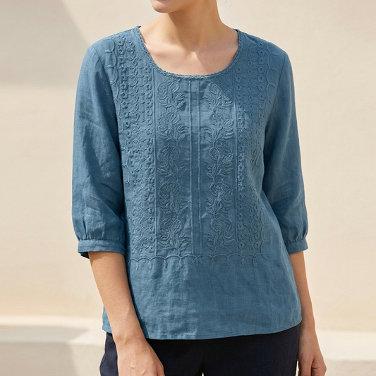 Relaxed Embroidered Blouse with Lace Trim and Pintuck Detail