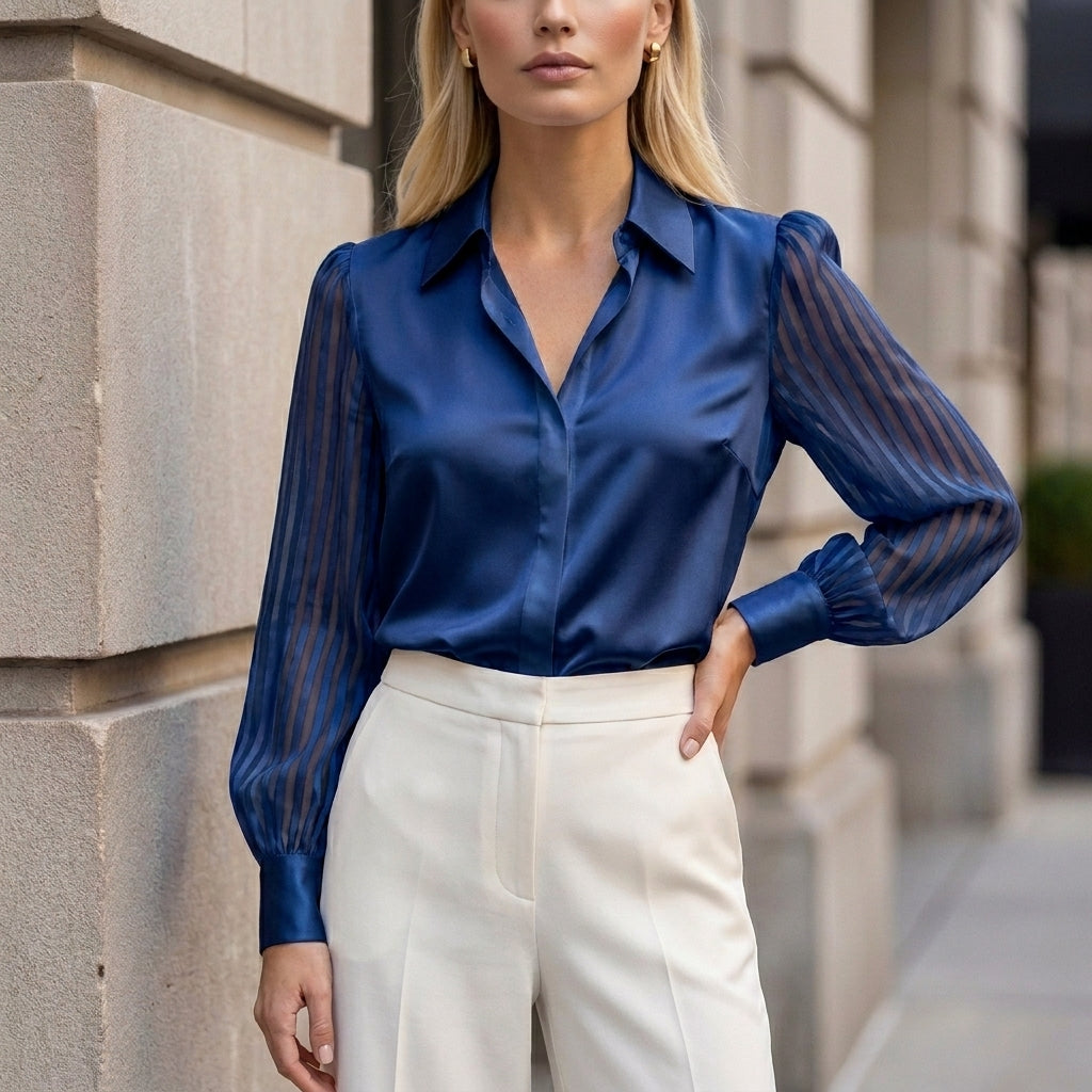 Tailored Polo Collar Blouse with Sheer Striped Balloon Sleeves