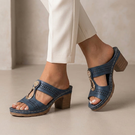 Laser-Cut Platform Slide Sandals with Rhinestone Accent