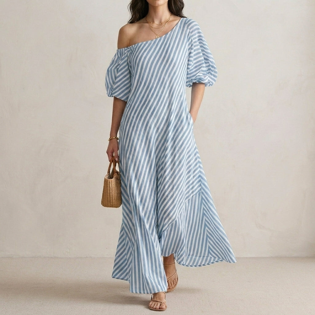 Striped One-Shoulder Maxi Dress with Relaxed Coastal Flow Silhouette