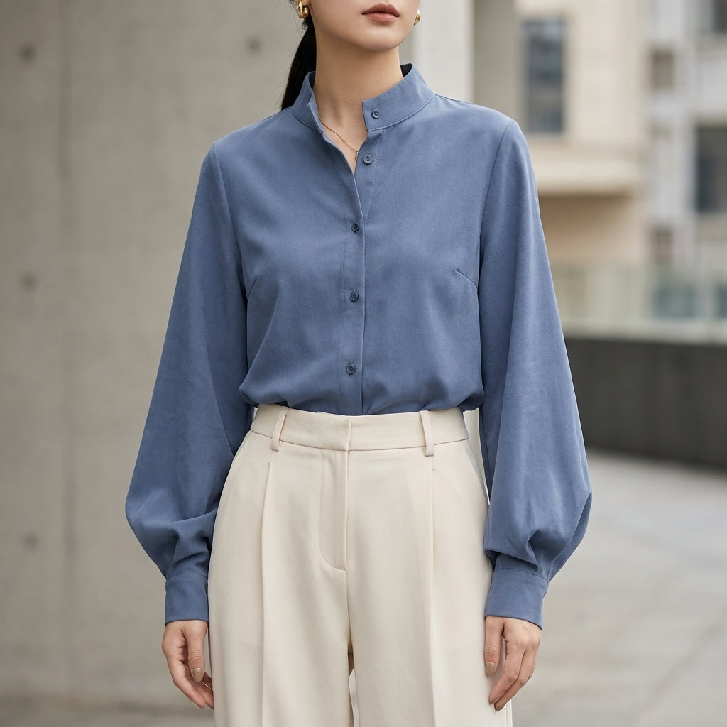 Sophisticated Stand-Collar Shirt with Dramatic Lantern Sleeves