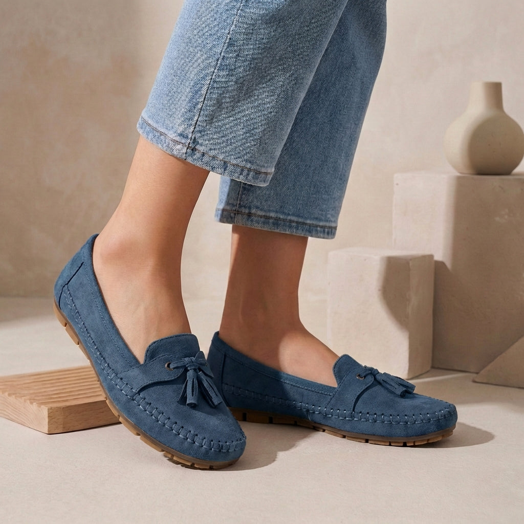 Suede Slip-On Loafers with Decorative Tassel Bow and Moccasin Stitching
