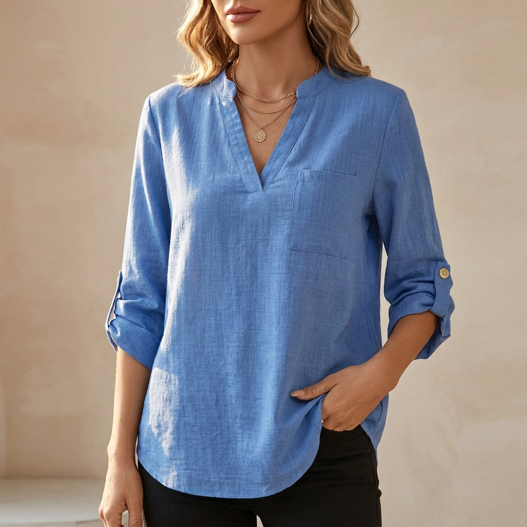 Relaxed V-Neck Cotton Linen Tunic Blouse with Roll-Up Sleeves