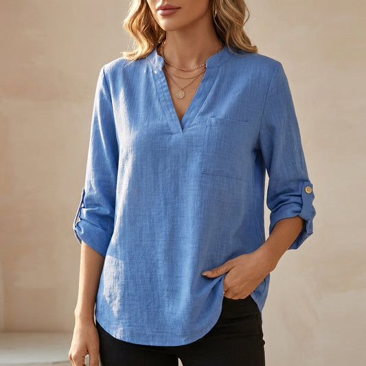 Relaxed V-Neck Cotton Linen Tunic Blouse with Roll-Up Sleeves