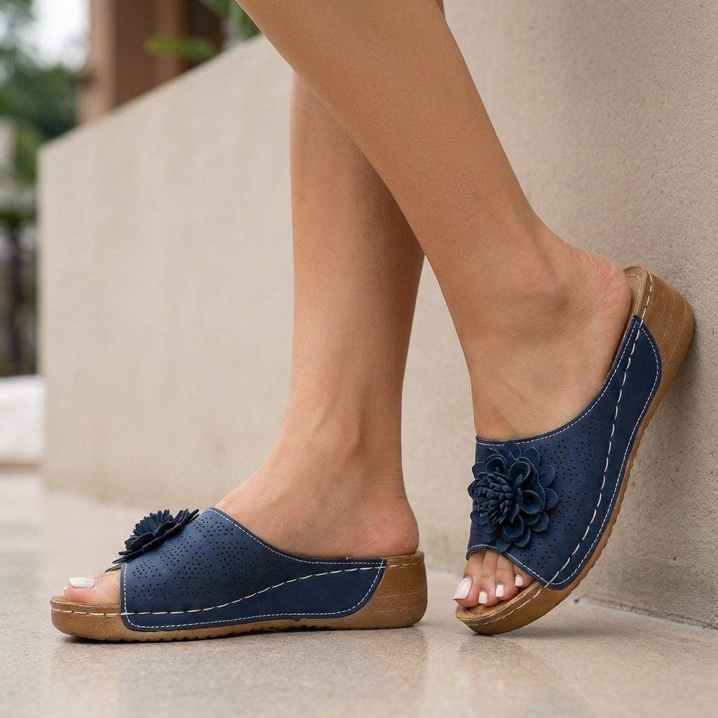 Structured Open-Toe Wedge Slide Sandals with Floral Applique Details