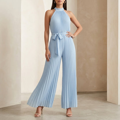 Elegant Pleated Halter Neck Jumpsuit with Flowing Wide Legs