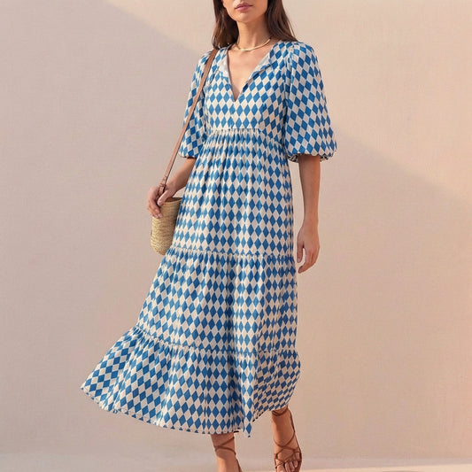 Elegant Flowing V-Neck Midi Dress with Puff Sleeves and Tiered Skirt
