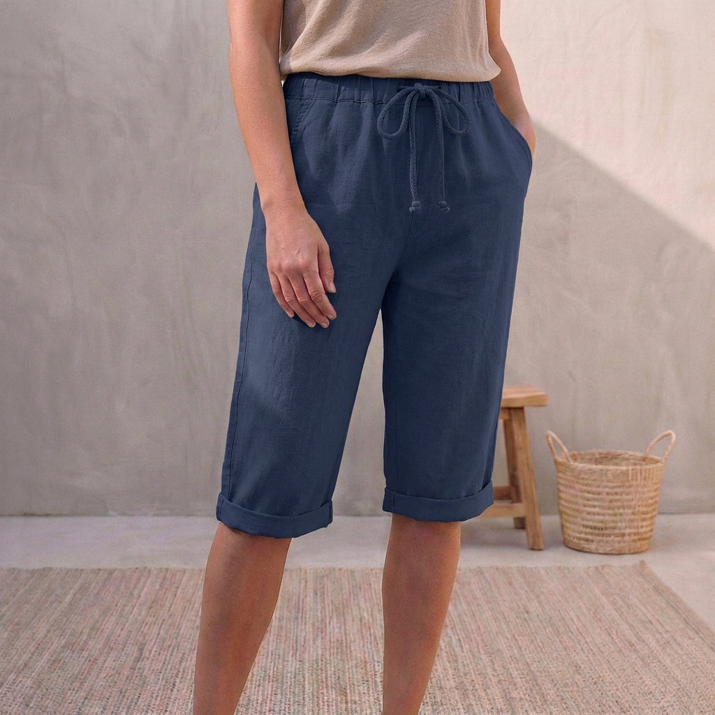 Linen Relaxed-Fit Capri Pants with Drawstring Waist and Cuffed Hem