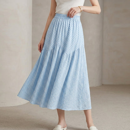 Checkered Tiered Maxi Skirt with Flowing Coastal Silhouette