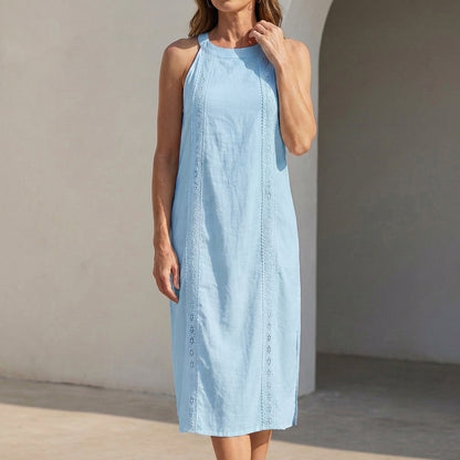 Relaxed Midi Halter Neck Dress with Vertical Lace Trim and Side Slits