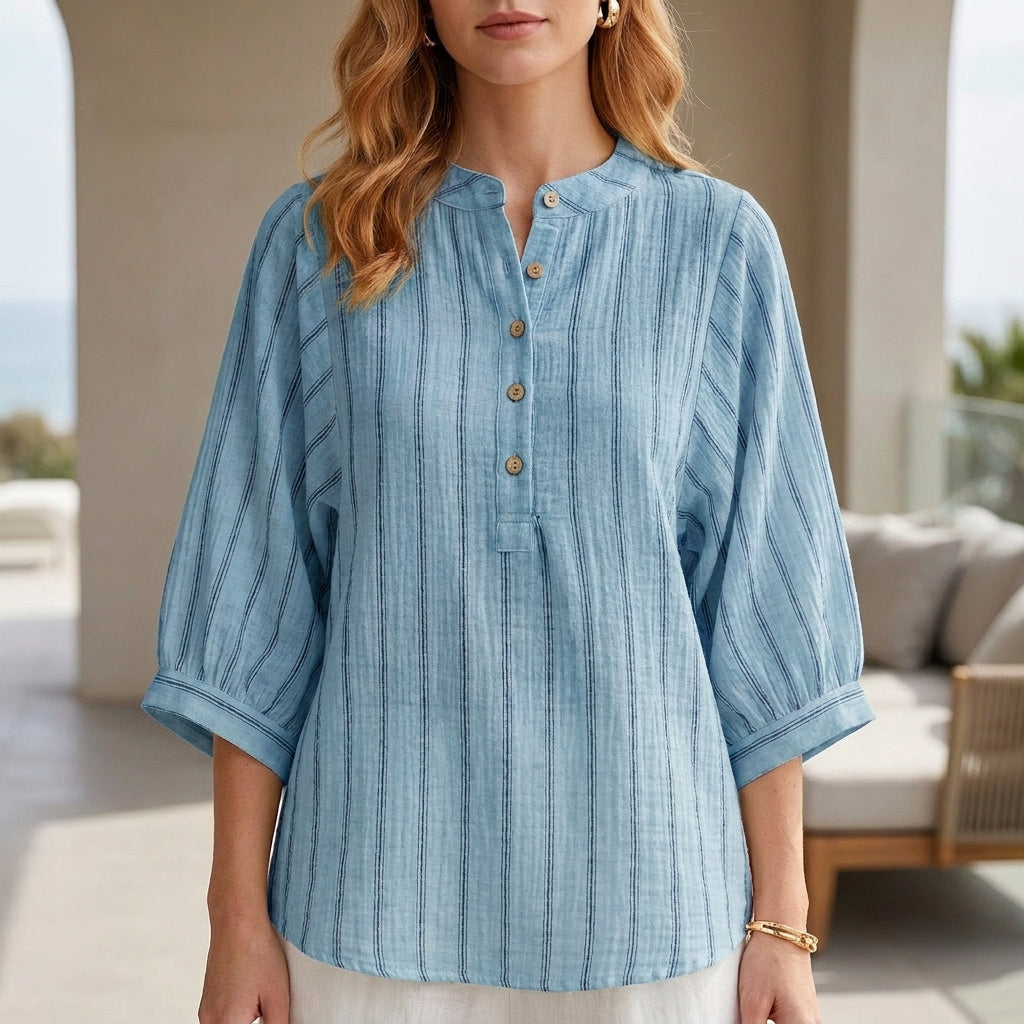 Coastal Stripe Button-Neck Relaxed Sleeve Blouse