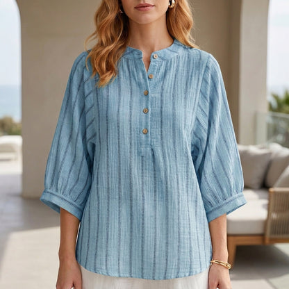 Coastal Stripe Button-Neck Relaxed Sleeve Blouse