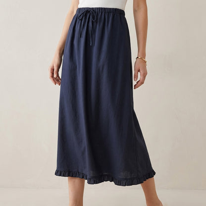Relaxed Drawstring Maxi Skirt with Soft Ruffle Hem and Flowing Drape