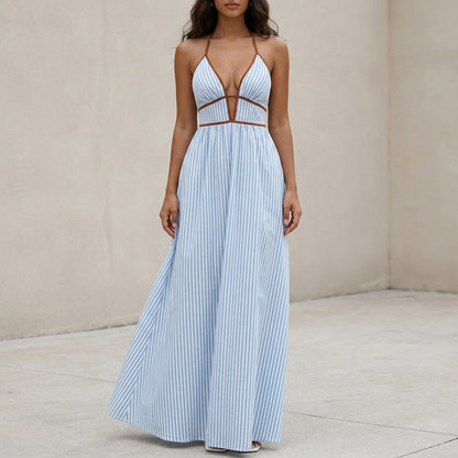 Halter Neck Maxi Dress with Plunging V-Neckline and Empire Waist