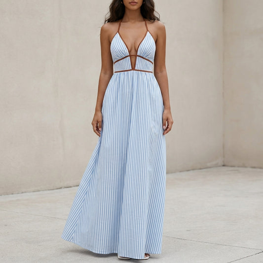 Halter Neck Maxi Dress with Plunging V-Neckline and Empire Waist