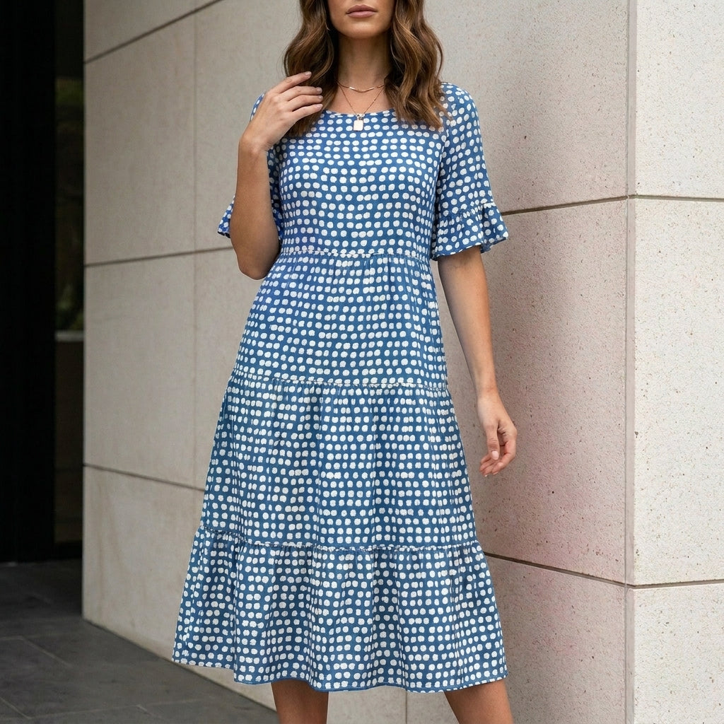 Soft Mosaic Print Tiered Midi Dress