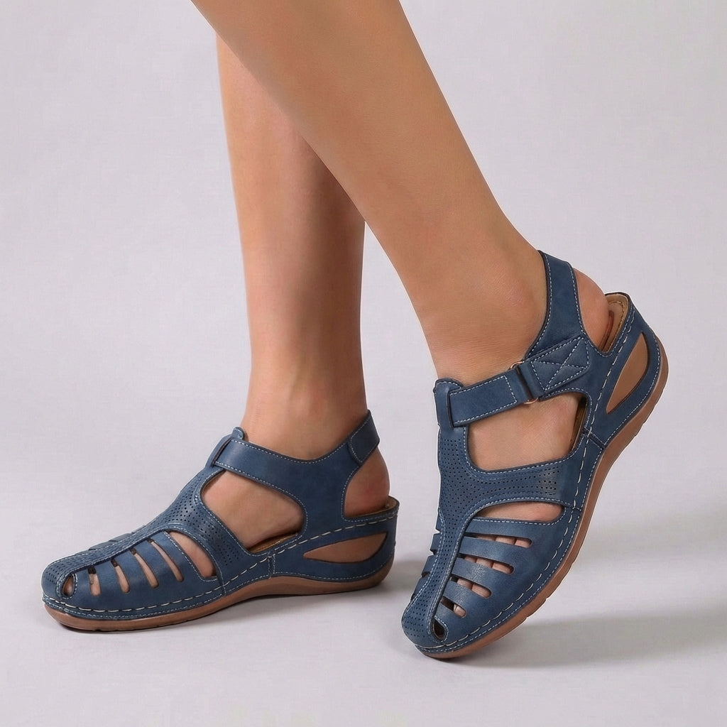 Refined Leather Wedge Sandals with Perforated Cut-Outs and Ankle Strap