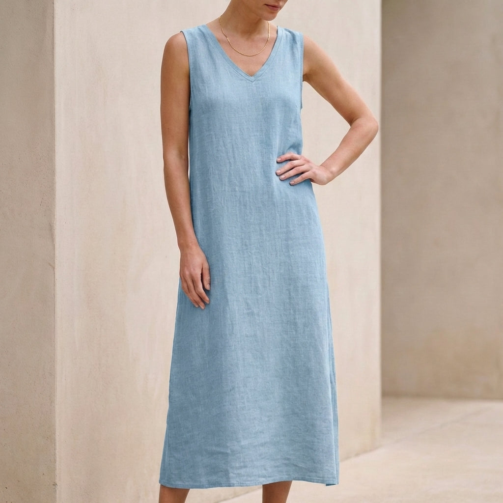 Effortless Cotton Linen V-Neck Sleeveless Shift Midi Dress with Pockets