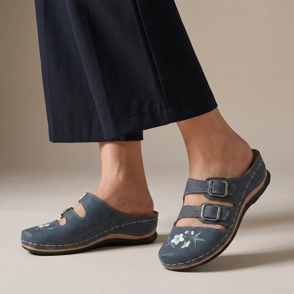 Embroidered Floral Mule Flats with Adjustable Buckles