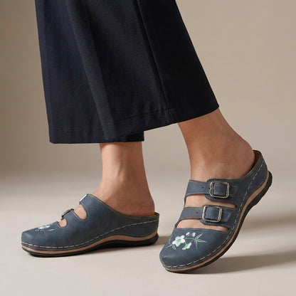 Embroidered Floral Mule Flats with Adjustable Buckles