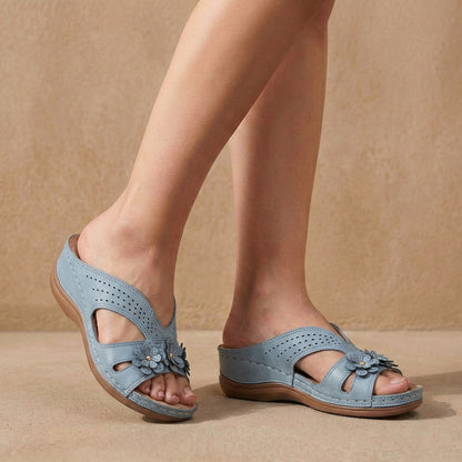 Refined Slip-On Wedge Sandals with Floral Appliqué and Contoured Comfort