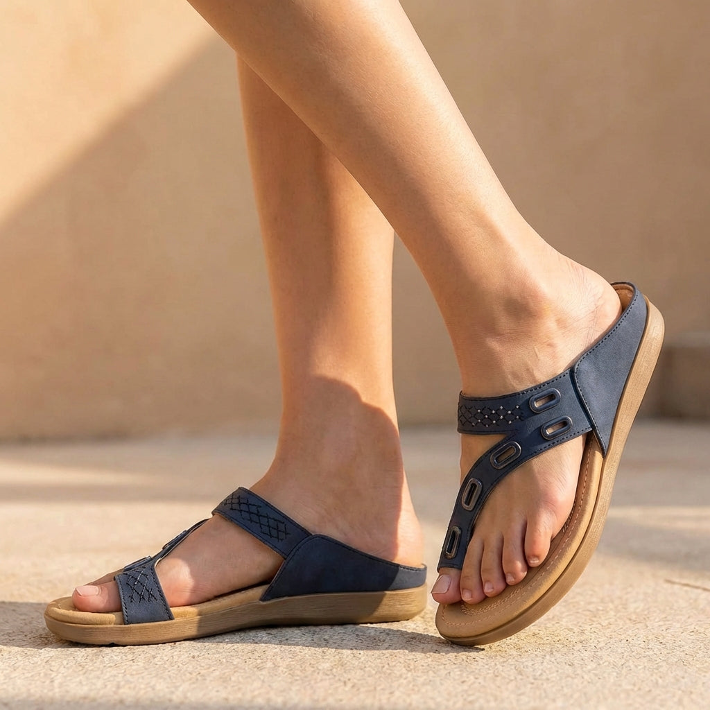 Relaxed Fit Thong Sandals with Perforated Metallic Accents