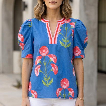 Structured Woven V-Neck Blouse with Botanical Print and Puff Sleeves