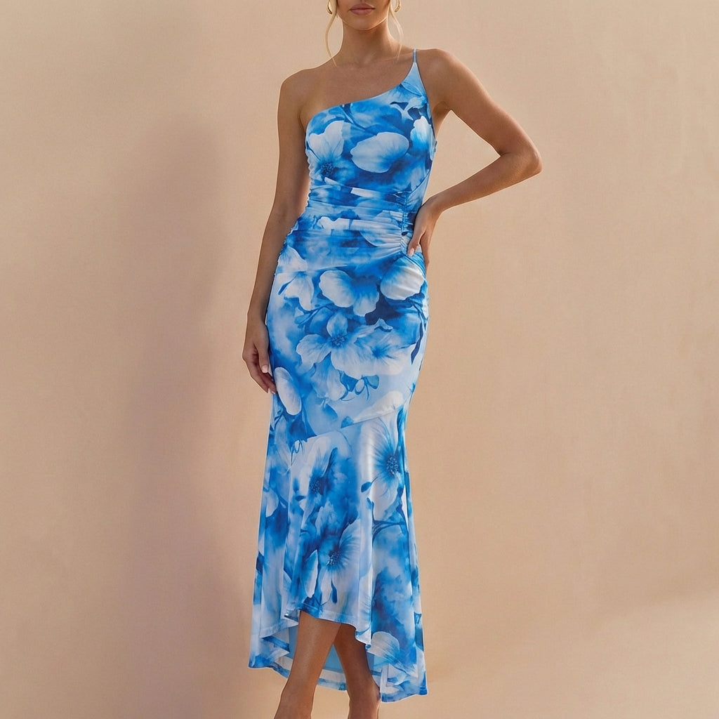 Fitted One-Shoulder Mesh Overlay Maxi Dress with Ruched Detail