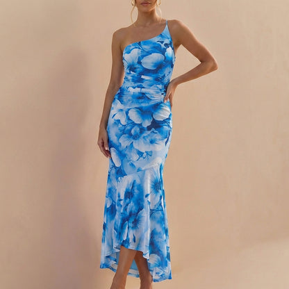 Fitted One-Shoulder Mesh Overlay Maxi Dress with Ruched Detail