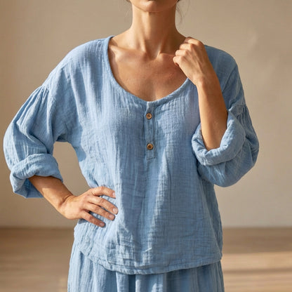 Relaxed V-Neck Cotton Blend Blouse with Textured Volume Sleeves