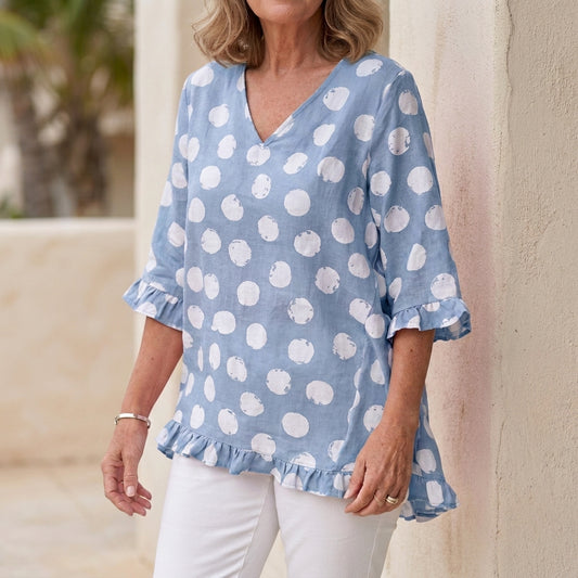 Relaxed V-Neck Tunic with Ruffle Trim and Flowing Silhouette