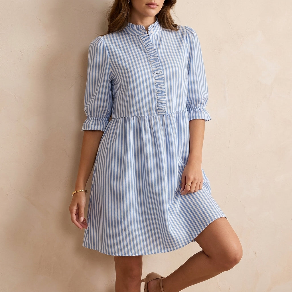 Retro-Inspired Puff Sleeve Mini Dress with Ruffled Stand Collar and Flared Skirt