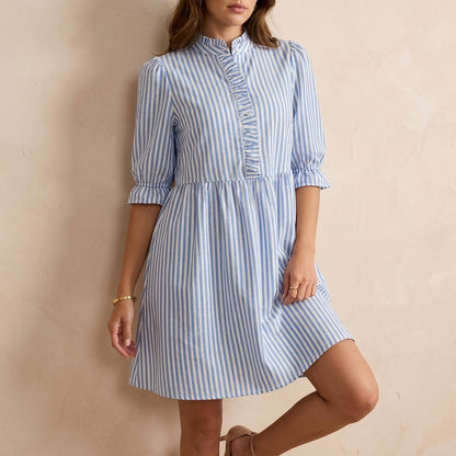 Retro-Inspired Puff Sleeve Mini Dress with Ruffled Stand Collar and Flared Skirt