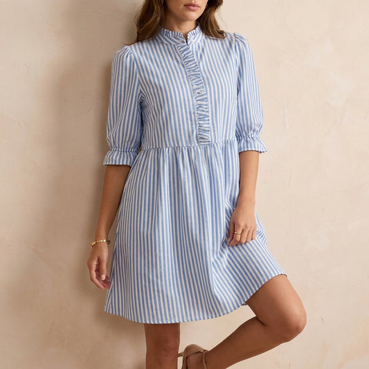 Retro-Inspired Puff Sleeve Mini Dress with Ruffled Stand Collar and Flared Skirt