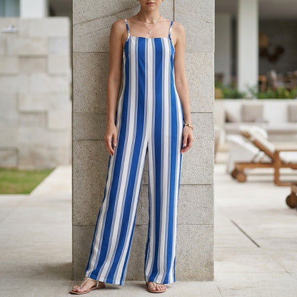 Vertical Stripe Suspender Jumpsuit with Wide-Leg Silhouette