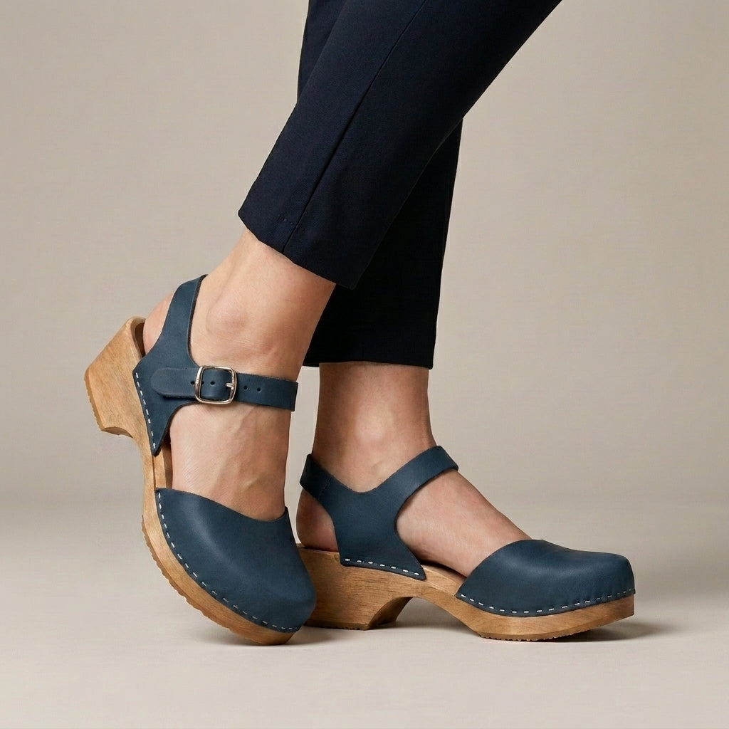 Classic Buckle Strap Clog Sandals with Elevated Wooden Sole