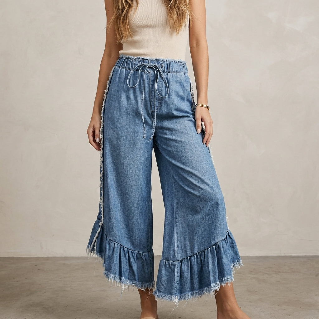 Bohemian Ruffle Hem Wide Leg Denim Lounge Pants