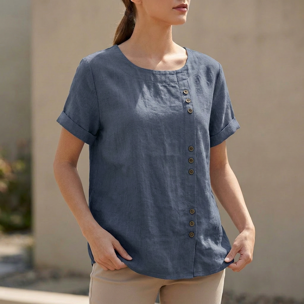 Relaxed Short Sleeve Blouse with Asymmetric Button Detail