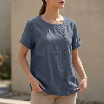 Relaxed Short Sleeve Blouse with Asymmetric Button Detail