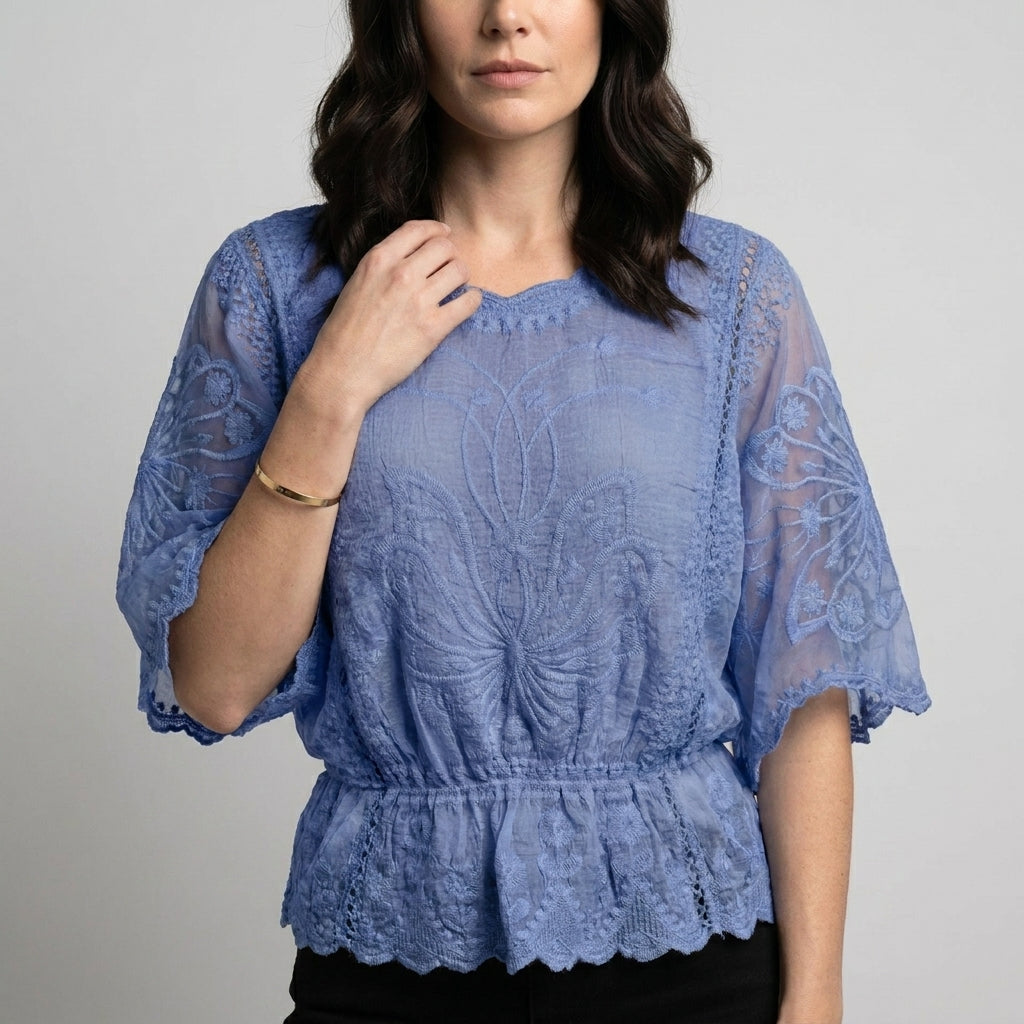 Celeste Embroidered Blouse with Sheer Bell Sleeves