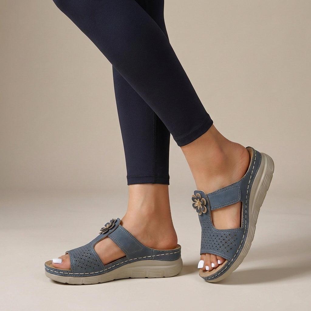 Orthopedic Wedge Slide Sandals with Floral Embellishment and Cushioned Support