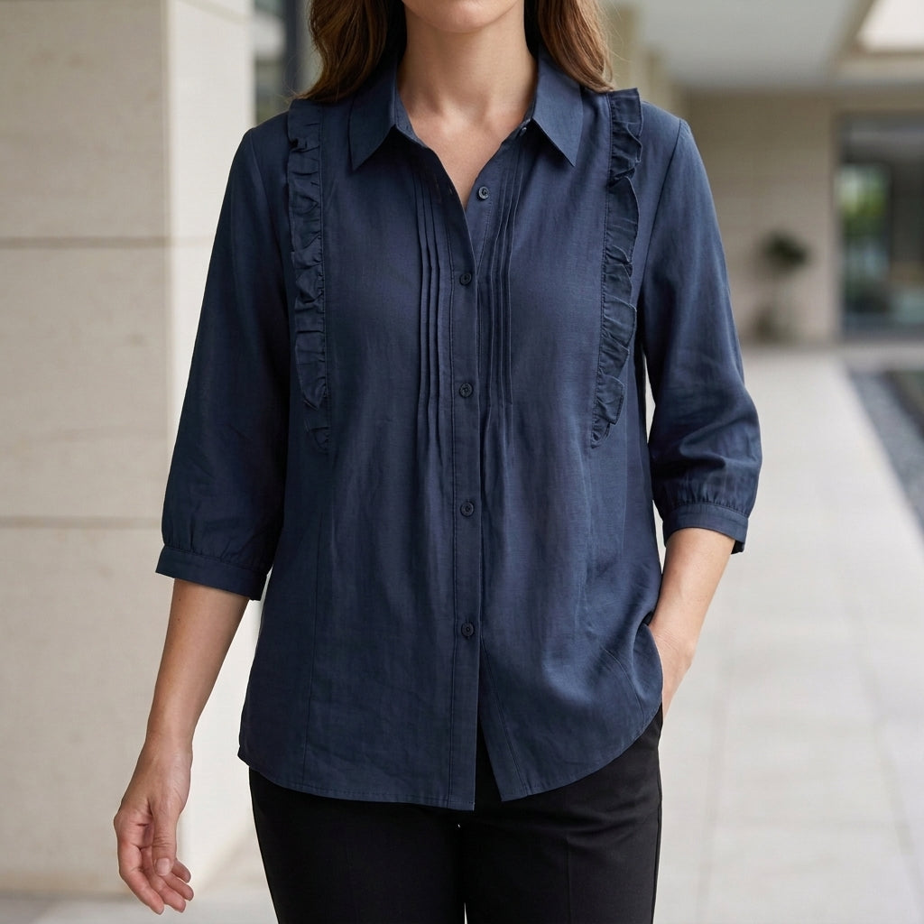 Ruffle Detail Button-Up Blouse with Relaxed Elegant Fit