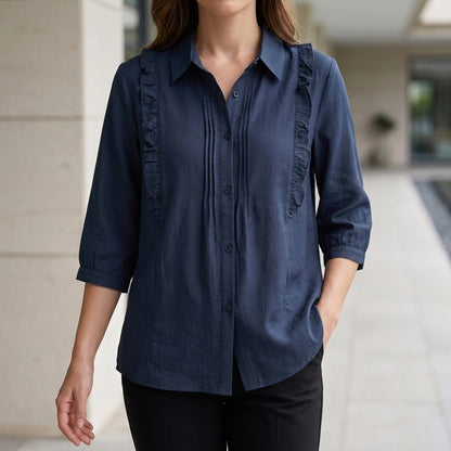 Ruffle Detail Button-Up Blouse with Relaxed Elegant Fit
